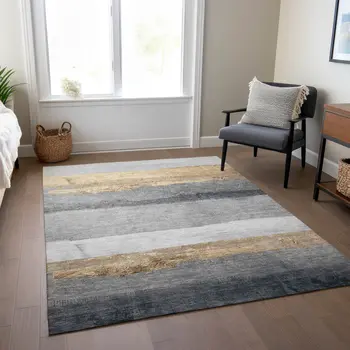 9' X 12' Gold And Gray Striped Washable Indoor Outdoor Area Rug