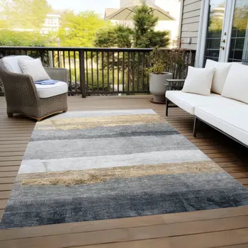 9' X 12' Gold And Gray Striped Washable Indoor Outdoor Area Rug