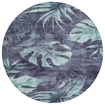 8' Blue And Mint Green Round Floral Washable Indoor Outdoor Area Rug