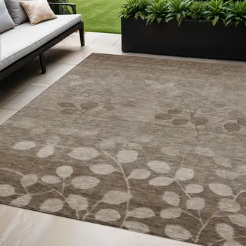 5' X 8' Taupe And Beige Floral Washable Indoor Outdoor Area Rug