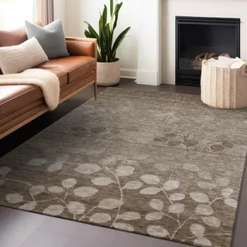 5' X 8' Taupe And Beige Floral Washable Indoor Outdoor Area Rug