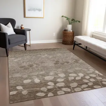 5' X 8' Taupe And Beige Floral Washable Indoor Outdoor Area Rug