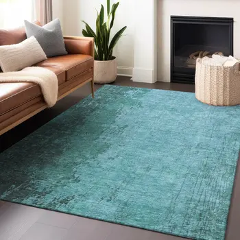 8' X 10' Teal Blue And Aqua Abstract Washable Indoor Outdoor Area Rug