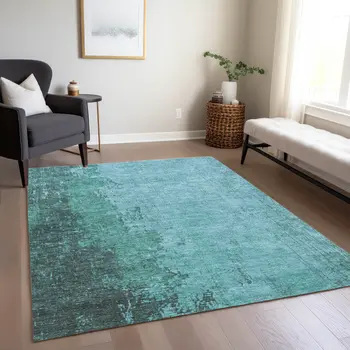 8' X 10' Teal Blue And Aqua Abstract Washable Indoor Outdoor Area Rug