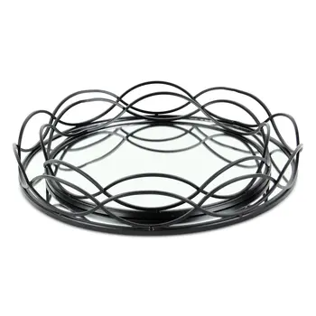 Set of Two Black And Silver Metal And Mirrored Glass Round Vanity Trays