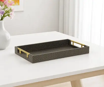 16" Black And Gold Geometric Print Handmade Serving Tray