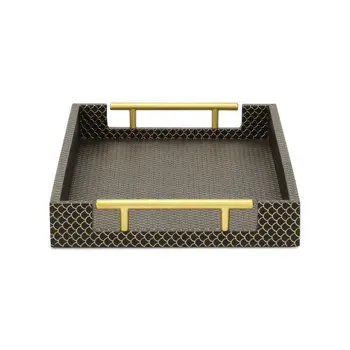 16" Black And Gold Geometric Print Handmade Serving Tray