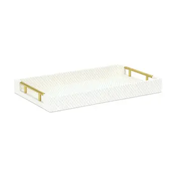 16" Ivory And Gold Geometric Print Handmade Serving Tray With Handles