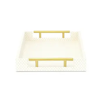 16" Ivory And Gold Geometric Print Handmade Serving Tray With Handles
