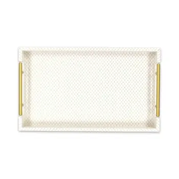 16" Ivory And Gold Geometric Print Handmade Serving Tray With Handles