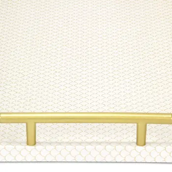 16" Ivory And Gold Geometric Print Handmade Serving Tray With Handles