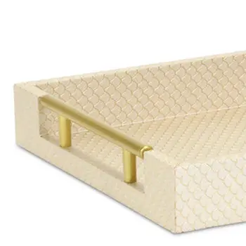 16" Champagne And Gold Geometric Print Handmade Serving Tray With Handles