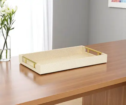 16" Champagne And Gold Geometric Print Handmade Serving Tray With Handles