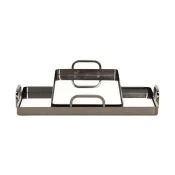 Set of Two Pewter Aluminum And Mirrored Glass Handmade Serving Trays