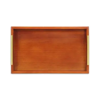 16" Brown And Gold Solid Wood Handmade Serving Tray With Handles