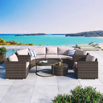 Two Piece Outdoor Beige Wicker Sectional Seating Group with Beige Cushions