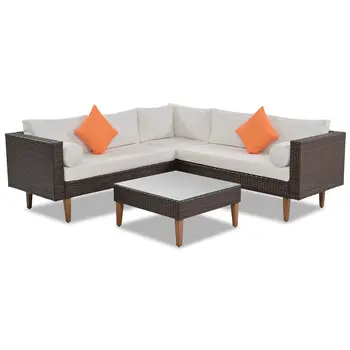 Two Piece Outdoor Beige Wicker Sectional Seating Group with Beige Cushions