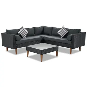 Two Piece Outdoor Black Wicker Sectional Seating Group with Black Cushions