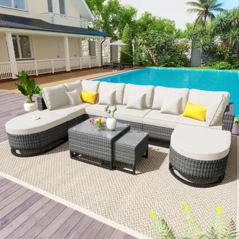 Two Piece Outdoor Beige Wicker Sectional Seating Group with Beige Cushions