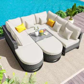 Two Piece Outdoor Beige Wicker Sectional Seating Group with Beige Cushions