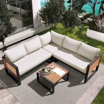 Two Piece Outdoor Beige Metal Sectional Seating Group with Beige Cushions