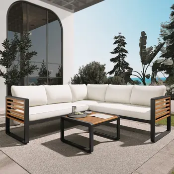 Two Piece Outdoor Beige Metal Sectional Seating Group with Beige Cushions