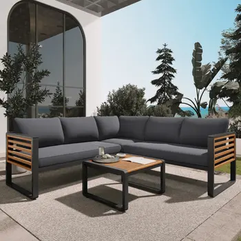 Two Piece Outdoor Gray Metal Sectional Seating Group with Gray Cushions