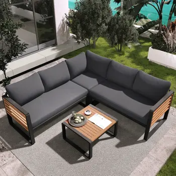 Two Piece Outdoor Gray Metal Sectional Seating Group with Gray Cushions