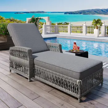 78" Gray Metal Outdoor Chaise Lounge with Gray Cushion