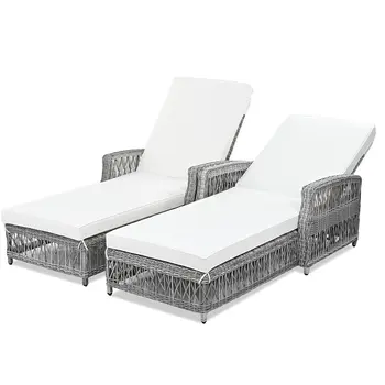 78" Beige Metal Outdoor Chaise Lounge with Beige Cushion