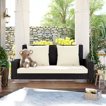 50" Brown Metal Outdoor Swing Chair with Brown Cushion