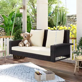 50" Brown Metal Outdoor Swing Chair with Brown Cushion