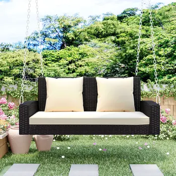 50" Brown Metal Outdoor Swing Chair with Brown Cushion