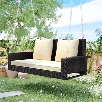 50" Brown Metal Outdoor Swing Chair with Brown Cushion