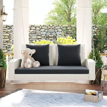 50" White Metal Outdoor Swing Chair with White Cushion