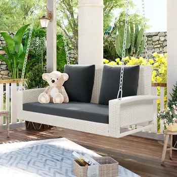 50" White Metal Outdoor Swing Chair with White Cushion