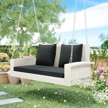 50" White Metal Outdoor Swing Chair with White Cushion