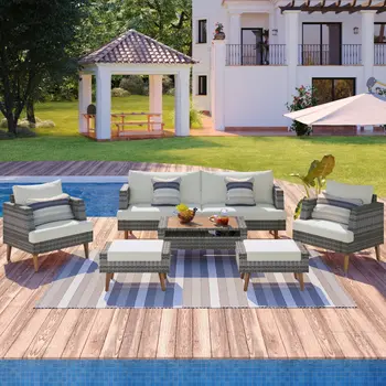 Four Piece Outdoor Gray Wicker Sofa Seating Group with Gray Cushions