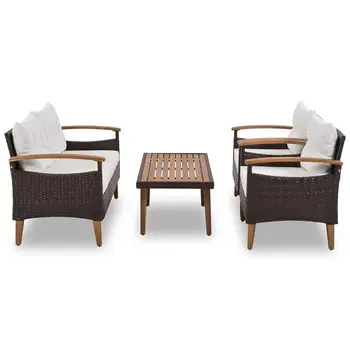 Three Piece Outdoor Beige Rattan Sofa Seating Group with Beige Cushions