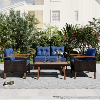 Three Piece Outdoor Blue Rattan Sofa Seating Group with Blue Cushions