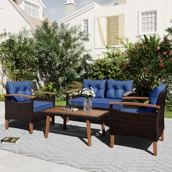 Three Piece Outdoor Blue Rattan Sofa Seating Group with Blue Cushions