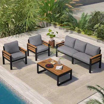 Three Piece Outdoor Gray Metal Sofa Seating Group with Gray Cushions