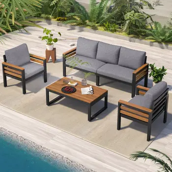Three Piece Outdoor Gray Metal Sofa Seating Group with Gray Cushions