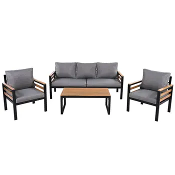 Three Piece Outdoor Gray Metal Sofa Seating Group with Gray Cushions
