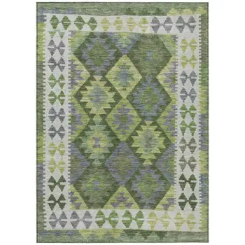 10' X 14' Olive Green Ivory And Gray Tribal Washable Indoor Outdoor Area Rug
