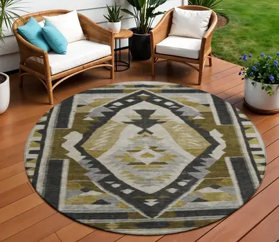 8' Chocolate Beige And Gray Round Tribal Washable Indoor Outdoor Area Rug
