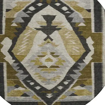 8' Chocolate Beige And Gray Round Tribal Washable Indoor Outdoor Area Rug
