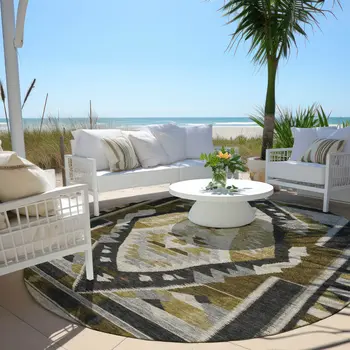 8' Chocolate Beige And Gray Round Tribal Washable Indoor Outdoor Area Rug