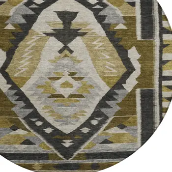 8' Chocolate Beige And Gray Round Tribal Washable Indoor Outdoor Area Rug
