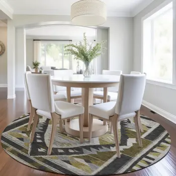 8' Chocolate Beige And Gray Round Tribal Washable Indoor Outdoor Area Rug